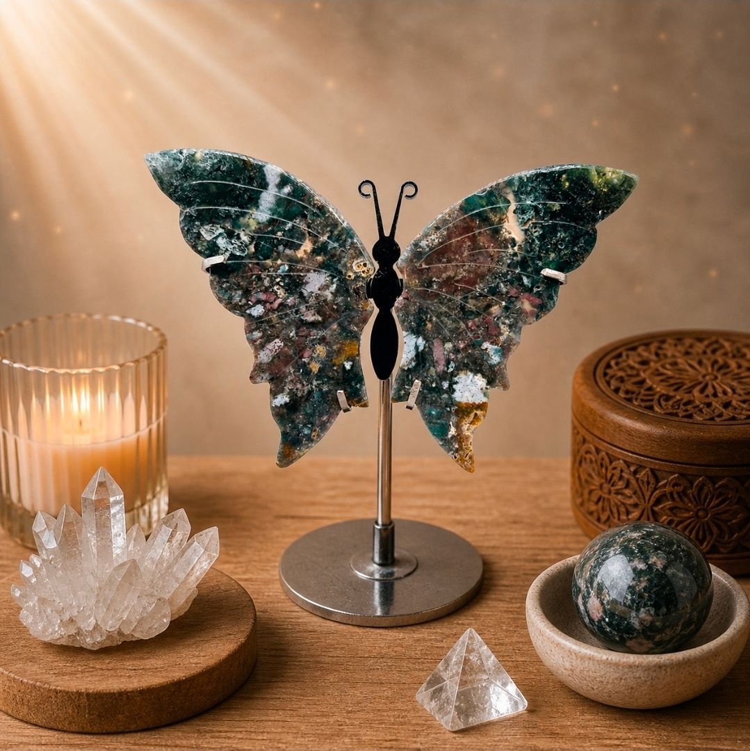 Moss Agate Butterfly on Stand - 12- 14 cm (MG)