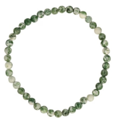 Twee groene en witte kralenarmbanden rusten op een gouden stof met een lichtbruin mineraal gesteente.