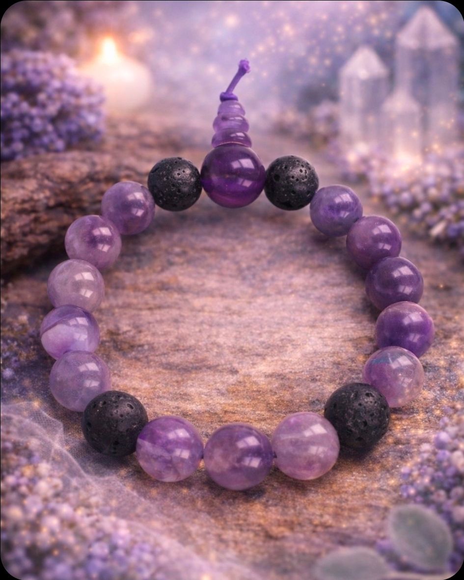 Armband Amethist XL - Kralen + Lavasteen (geboortesteen februari)