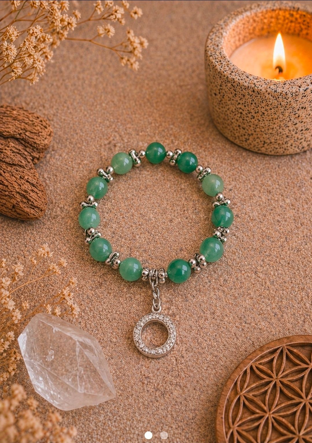 Armband Aventurijn + Bedel met Zilverkleurige kralen