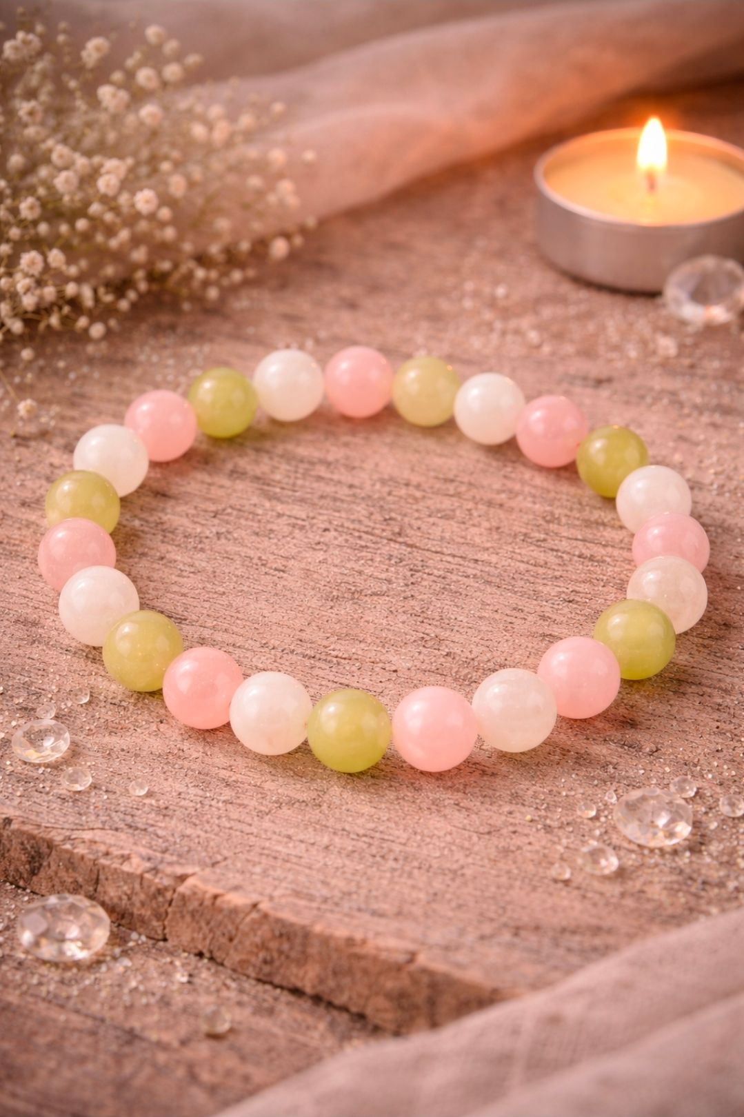 Armband Combinatie: Maansteen wit, Rozekwarts, en Jade