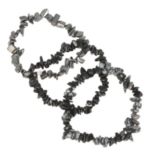 Drie armbanden op een kaartje met 'Bescherming'. De tekst duidt op de eigenschappen van obsidiaan en toermalijn.