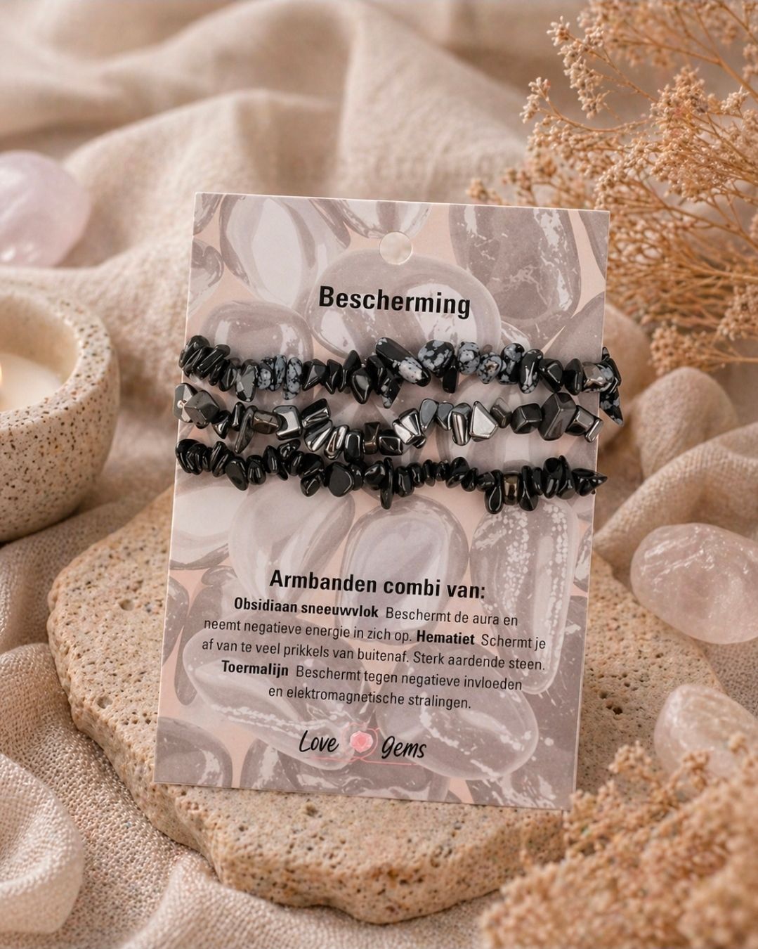 Armband Combinatie Bescherming: Sneeuwvlok Obsidiaan, Hematiet en Toermalijn
