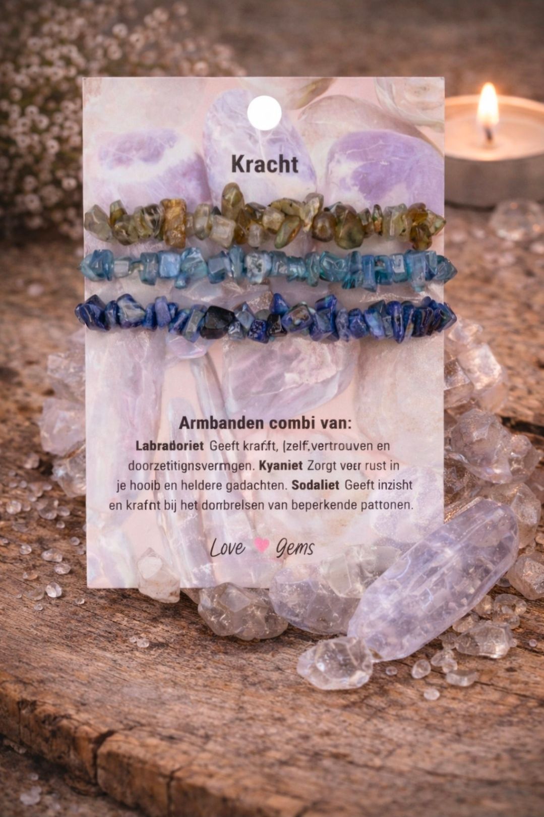 Armband Combinatie Kracht : Labradoriet, Kyaniet en Sodaliet