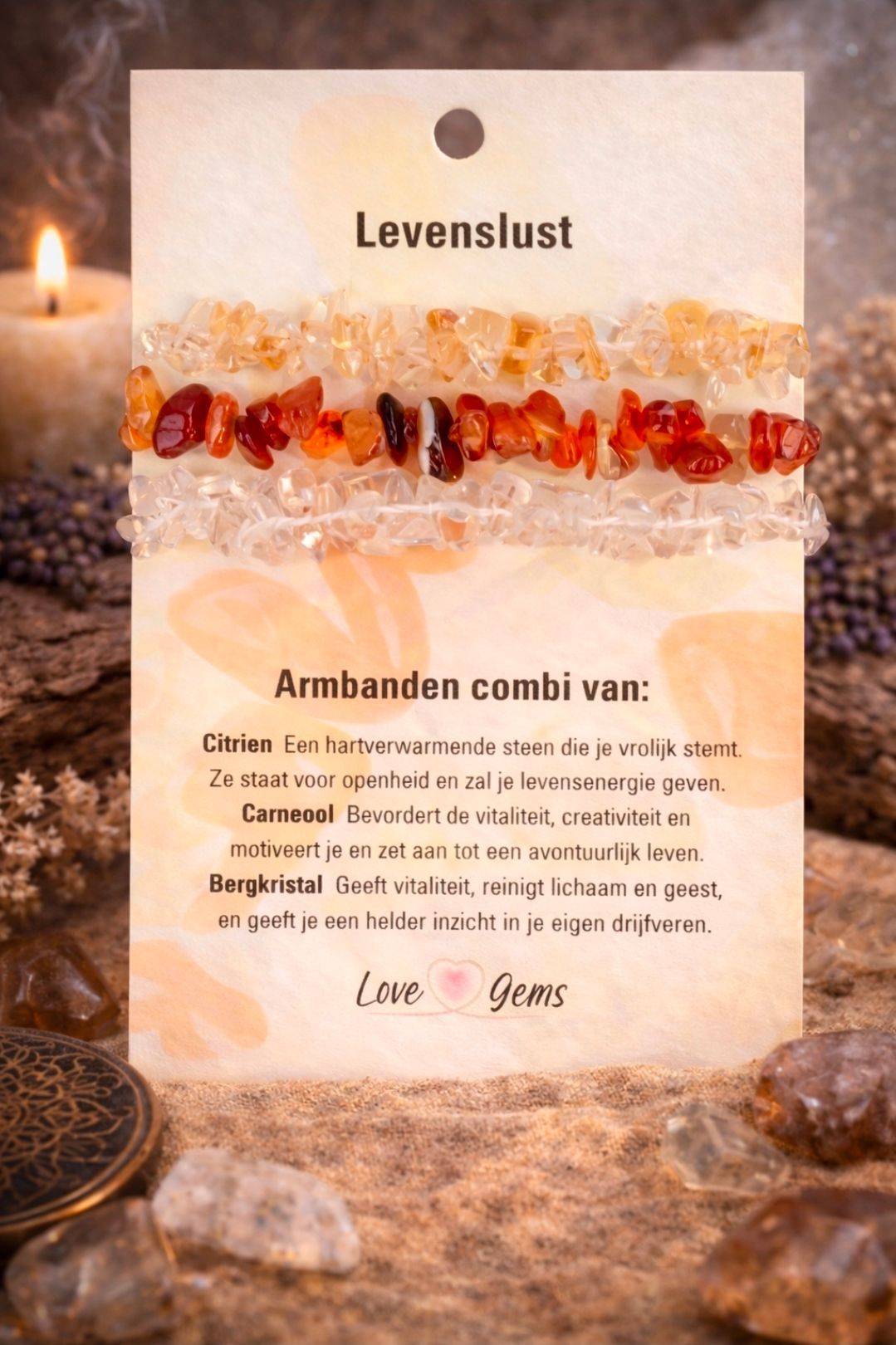 Armband Combinatie Levenslust: Citrien, Carneool en Bergkristal - Split