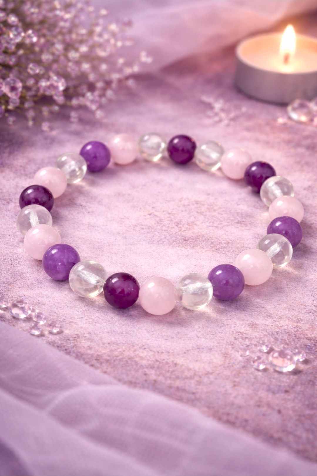 Armband Gouden Driehoek: Amethist, Bergkristal en Rozekwarts - Kralen