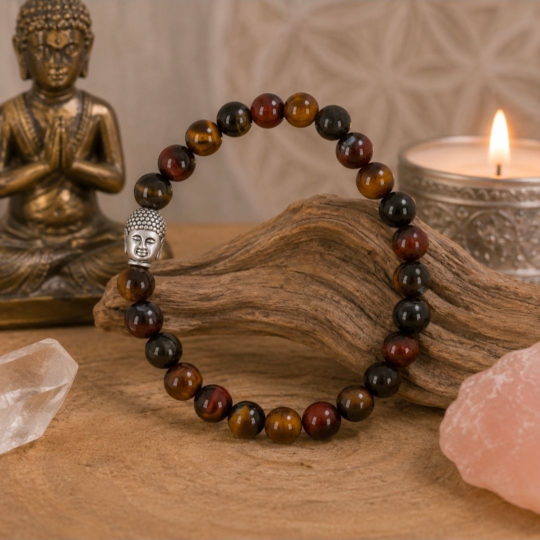 Armband Kattenoog / Tijgeroog / Valkenoog - Kralen + Zilverkleurige Boeddha Kraal