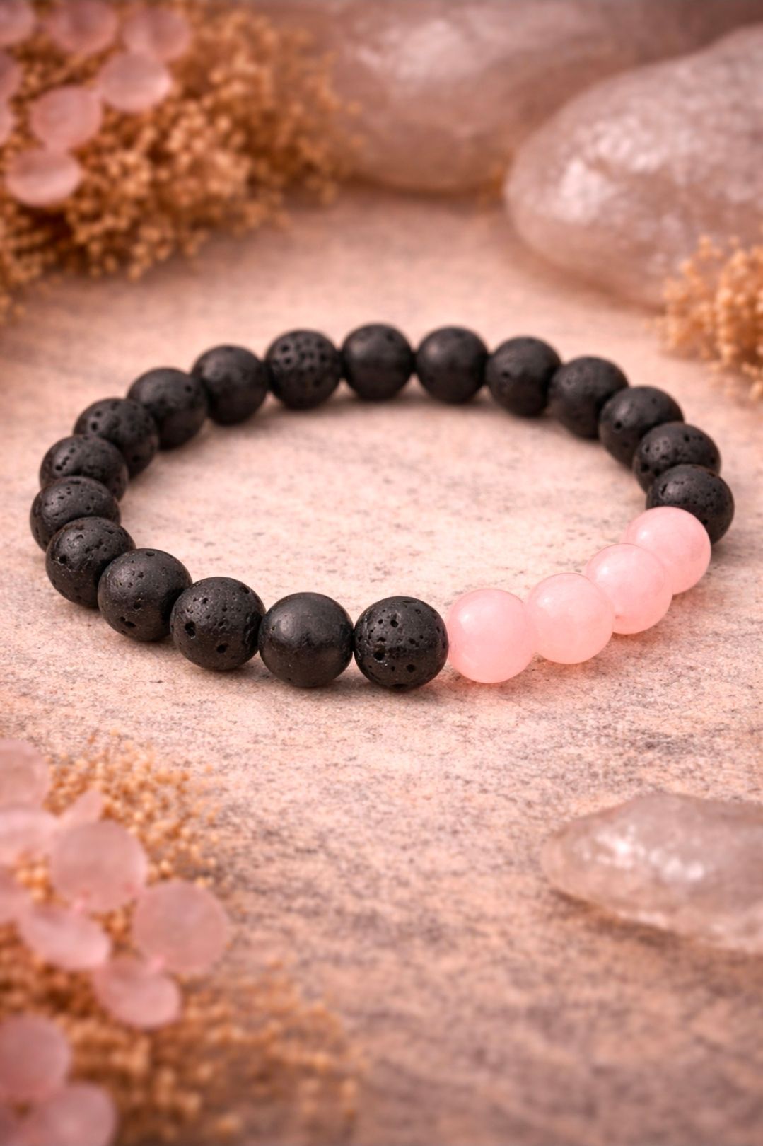 Armband Lavasteen + Rozekwarts - Kralen