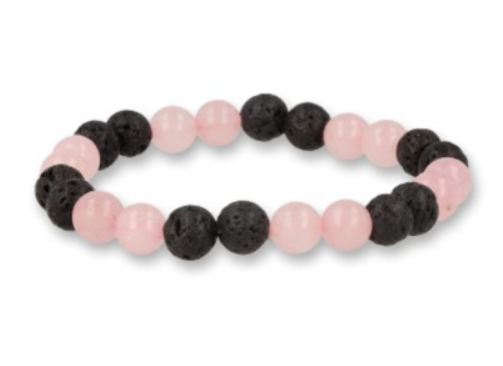 Armband met roze en zwarte kralen, afwisselend van rozenkwarts en lavasteen.