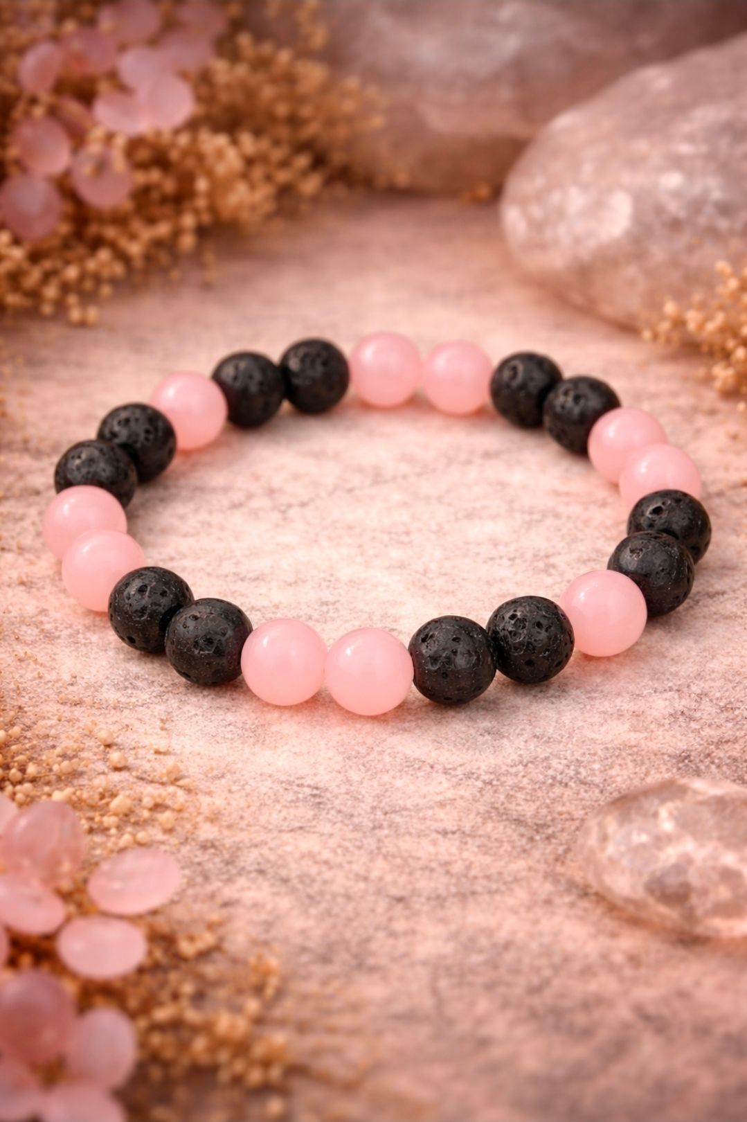 Armband Rozekwarts - Kralen + Lavasteen