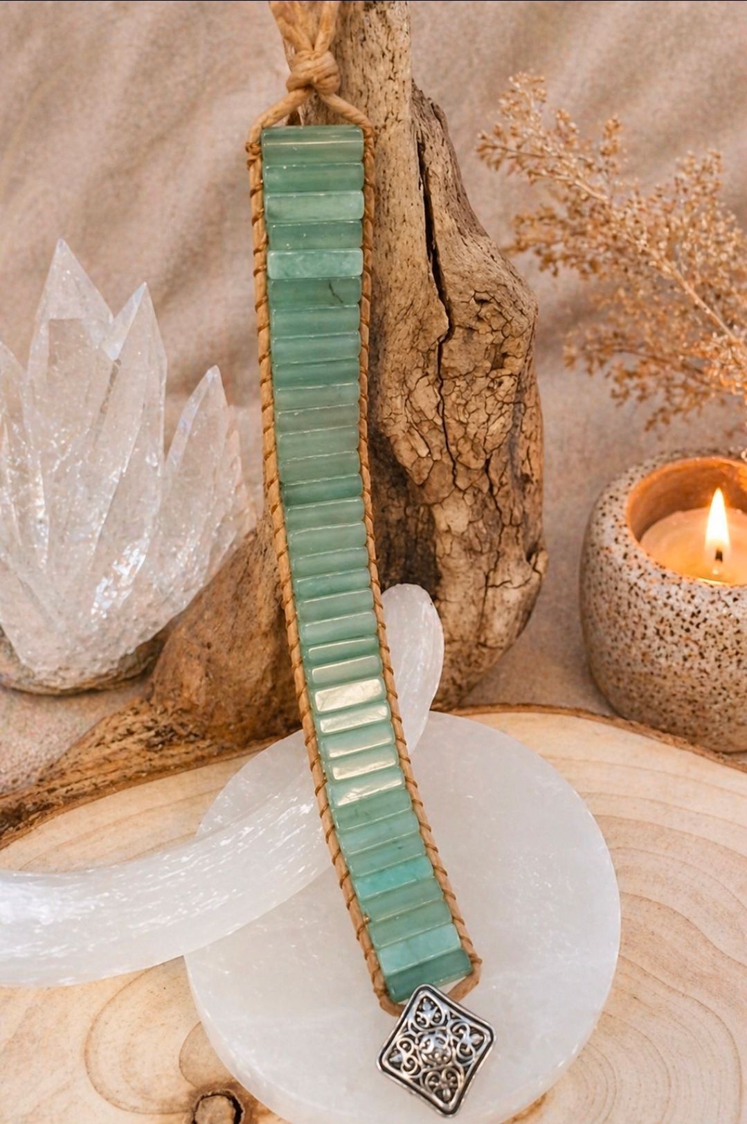 Bruin leren Armband met steentjes van Groene Aventurijn