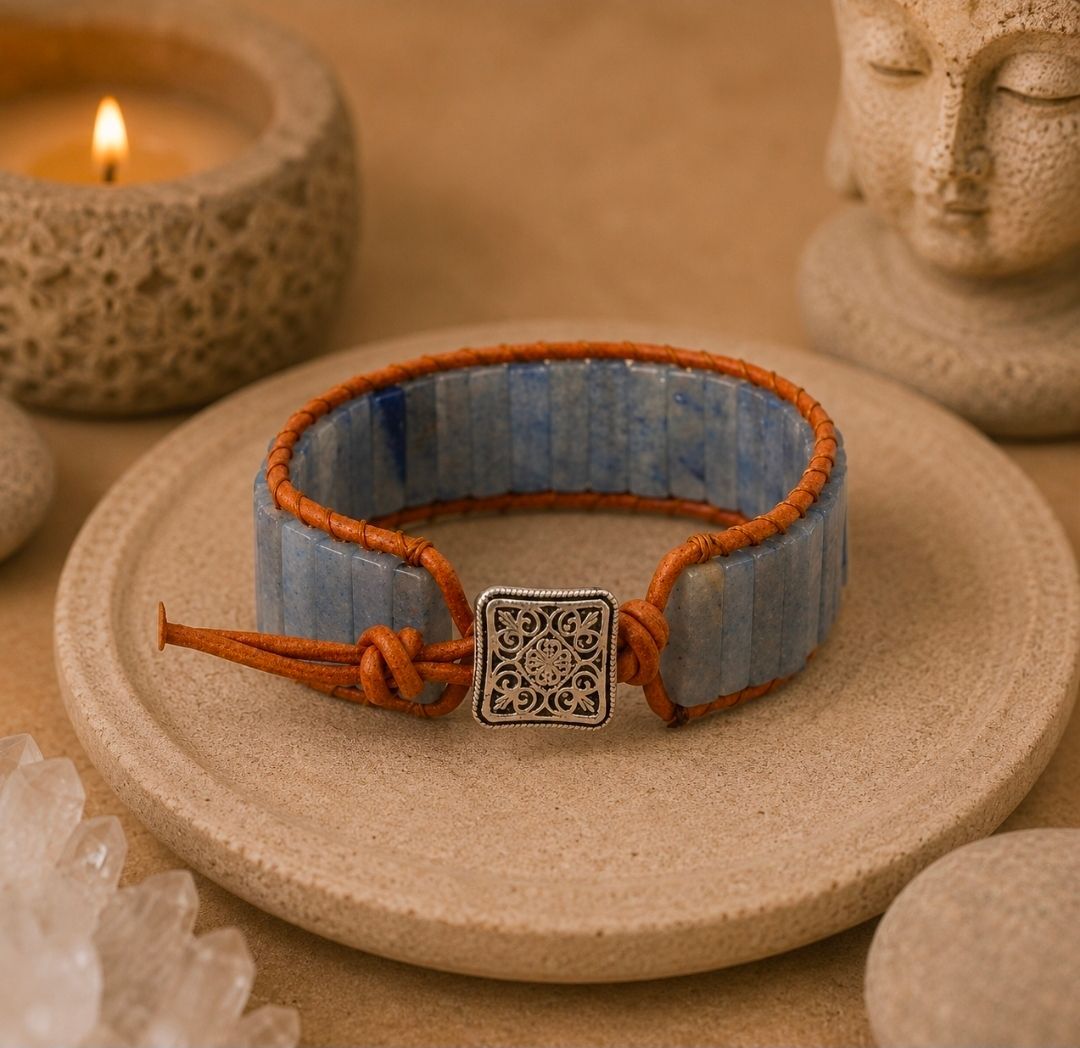Bruin leren armband met steentjes van Blauwe Kwarts