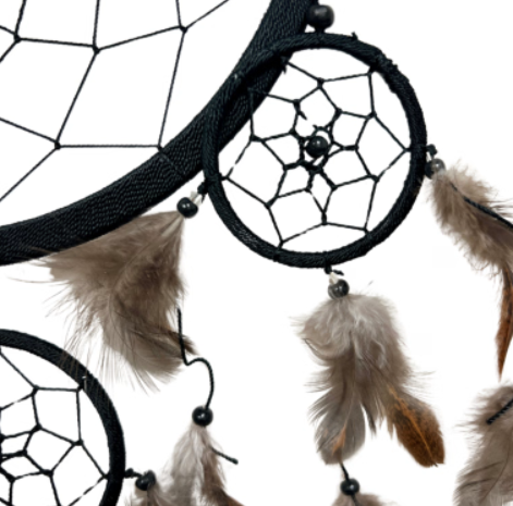 Zwarte dromenvanger met webdesign en hangende veren.