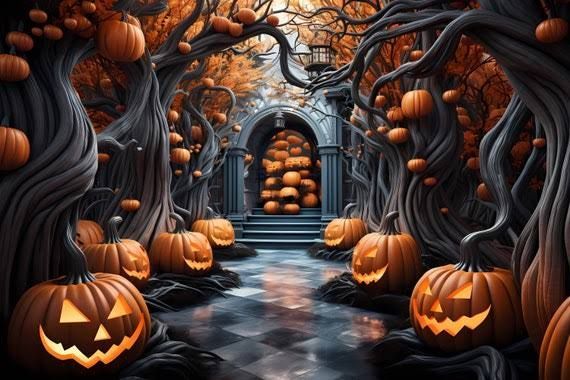 Halloweentafereel: Jack-o'-lanterns staan ​​langs een pad naar boogvormige deuropening, pompoenen hangen in de bomen.