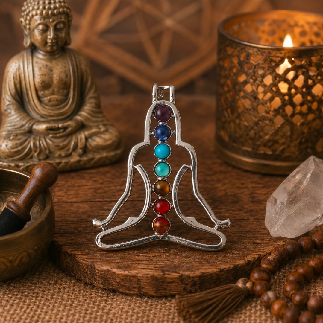 Boeddha-altaar met een transparante hanger, omringd door regenboogkleurige chakrastenen op een houten ondergrond, met kaars en kristallen.