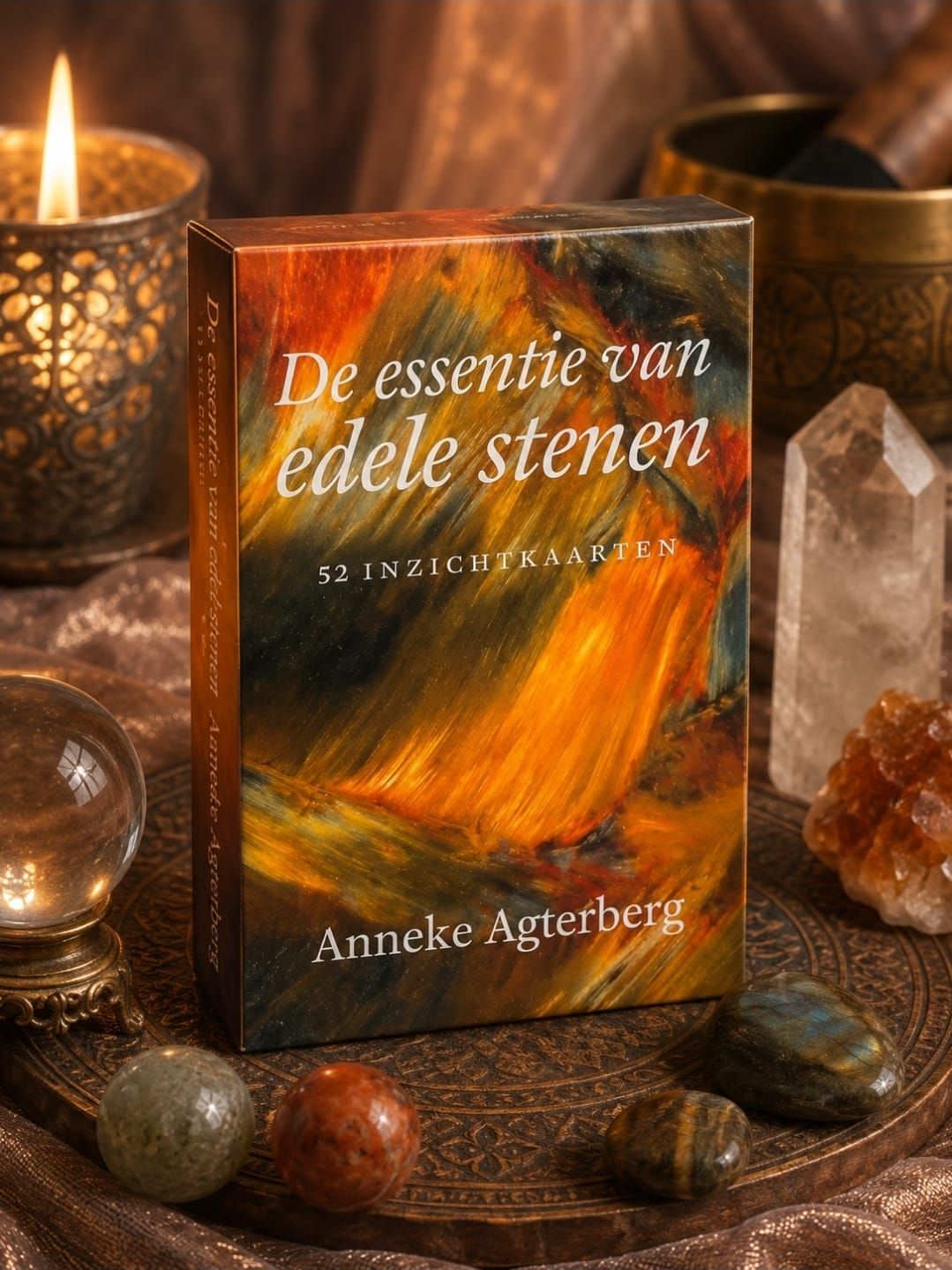 Book cover with crystals and warm amber tones reading “De essentie van edele stenen” by Anneke Agtberg