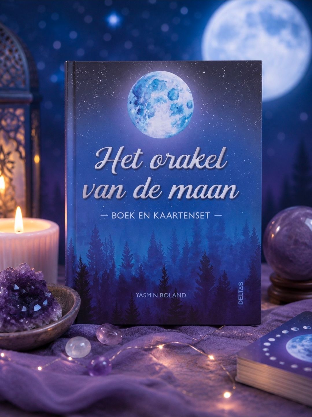 Paarse boekomslag met maan en dennenbomen, getiteld 