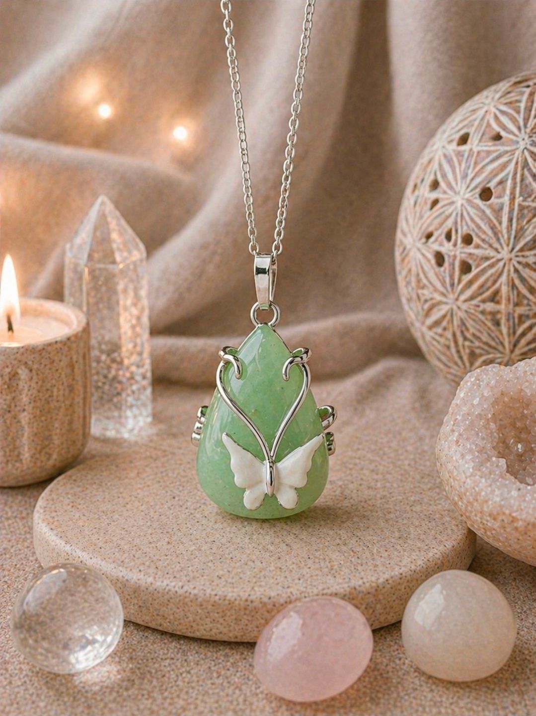 Necklace pendant Aventurine Green - Butterfly / 2 cm