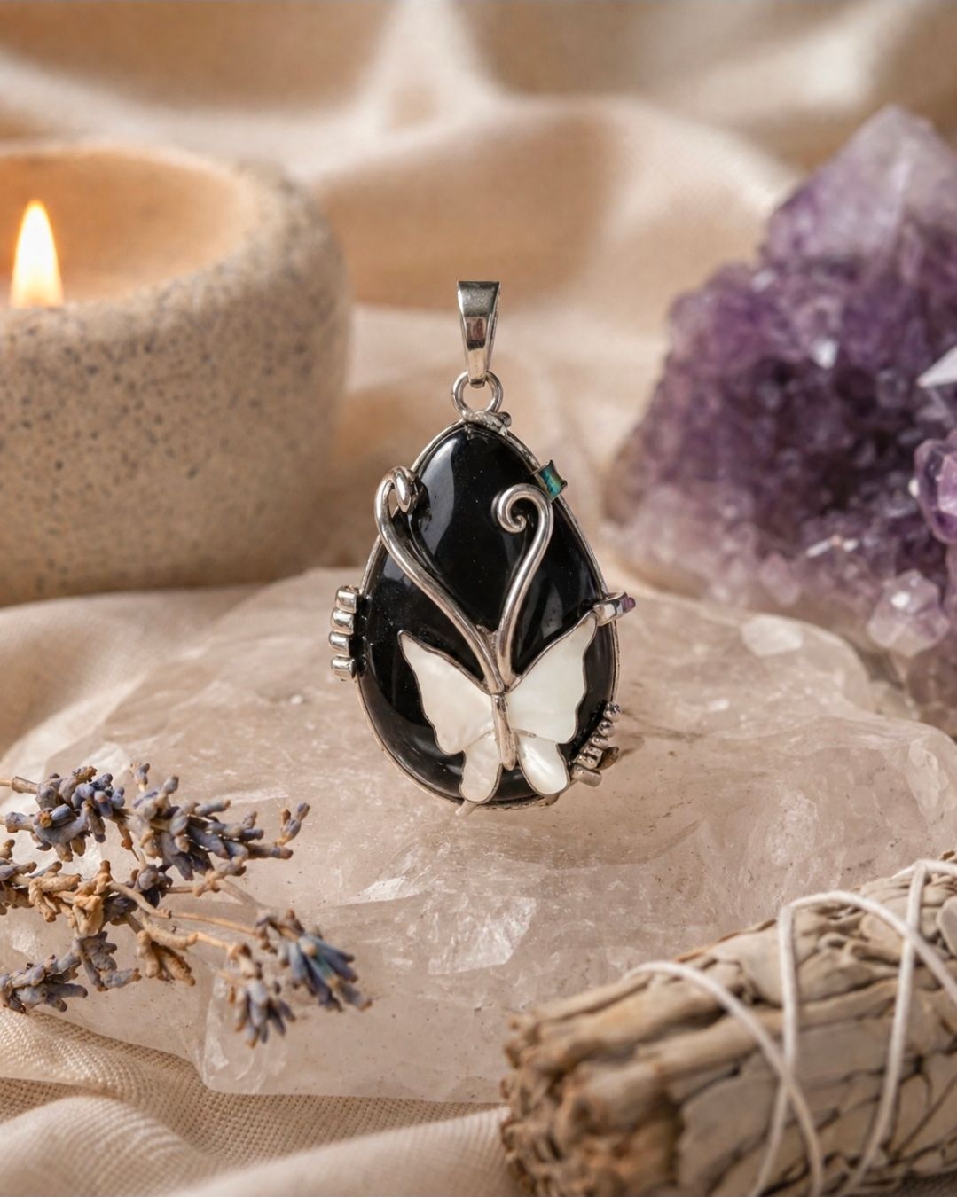 Ketting hanger Obsidiaan Zwart - Vlinder / 2 cm