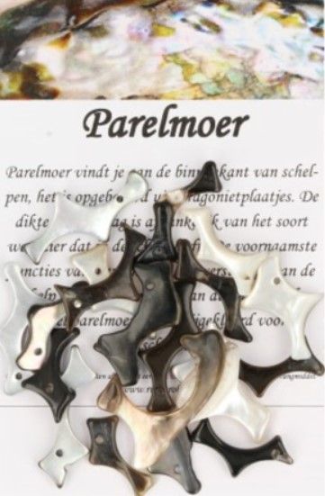 Stapel iriserende, decoratieve schelpvormige kralen met gaatjes om ze te rijgen, in verschillende neutrale tinten.