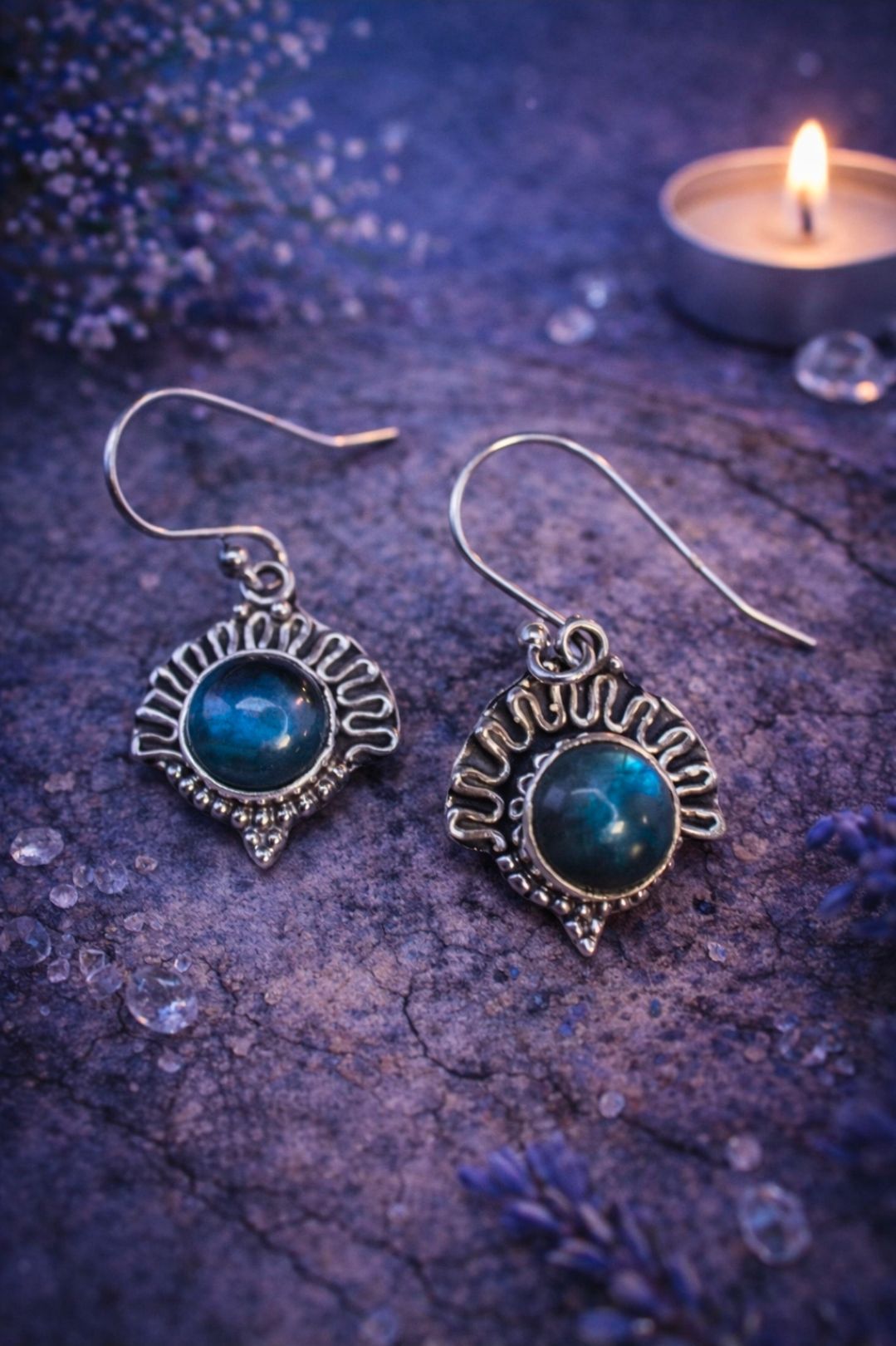 Labradoriet Oorbellen - Zilver / Pauw - 2 cm