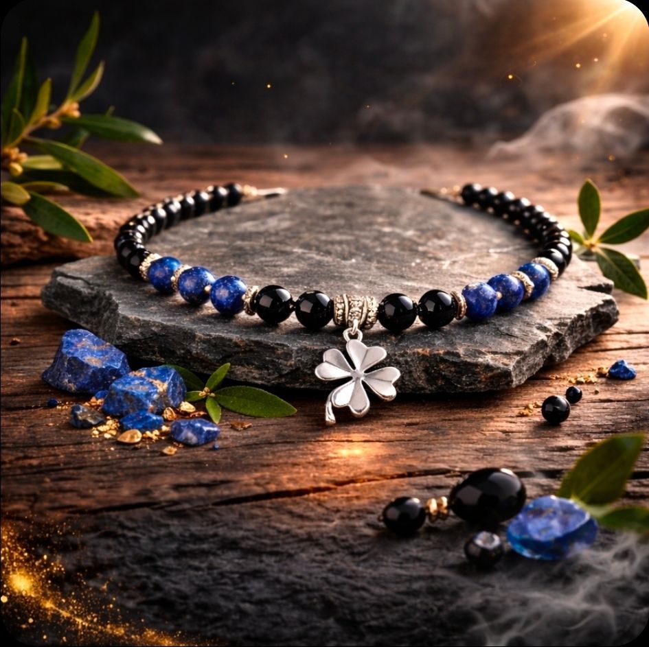 Lapis Lazuli / Onyx ketting - Stoer met Klaver 4