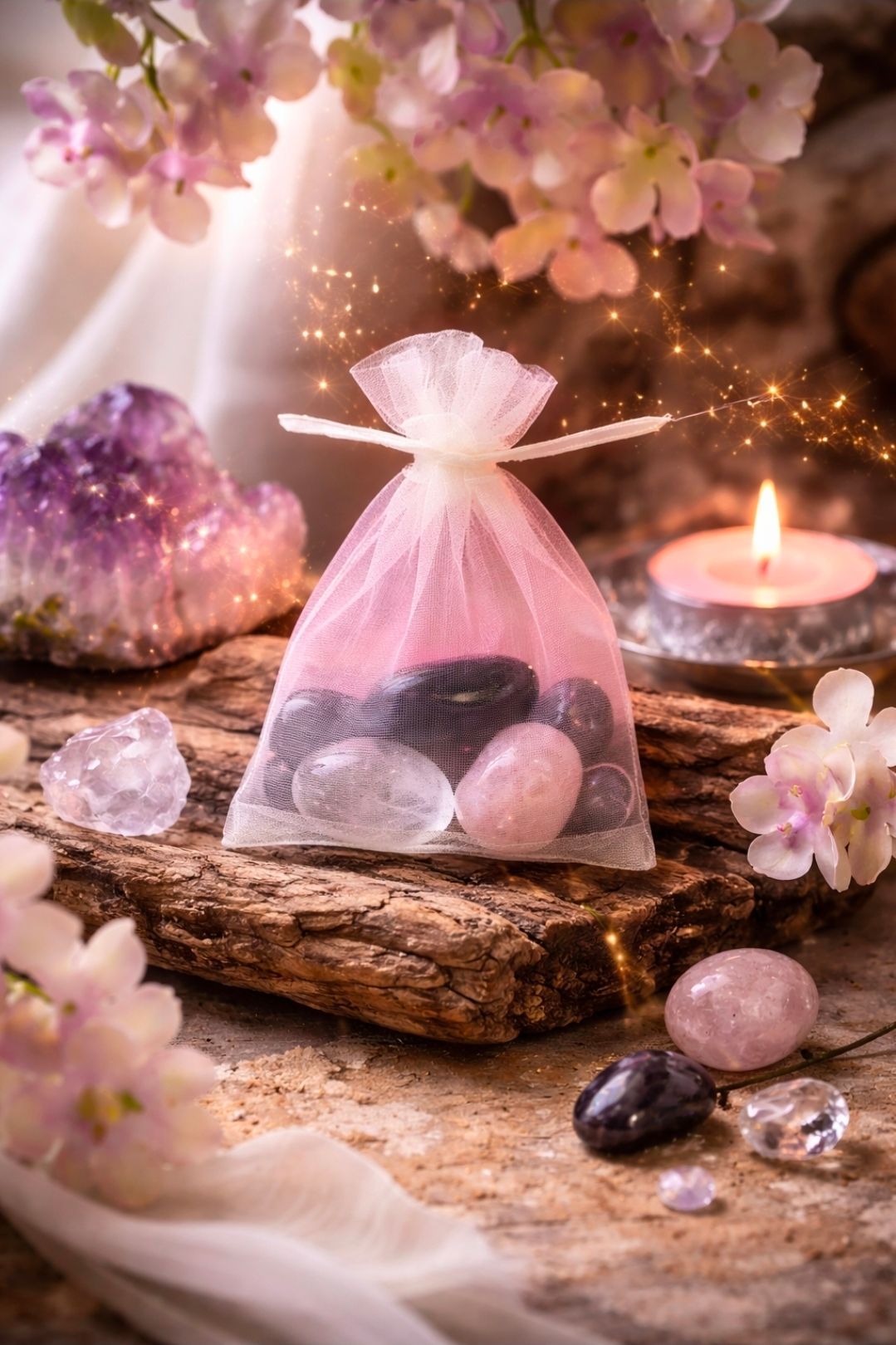 Liefde & Harmonie - Edelstenen set met Rozenkwarts, Amethist en Bergkristal