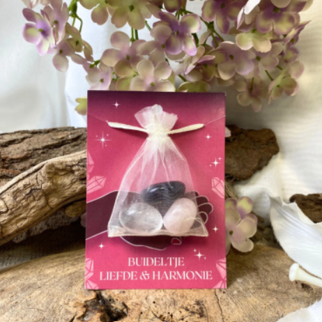 Liefde & Harmonie - Edelstenen set met Rozekwarts, Amethist en Bergkristal