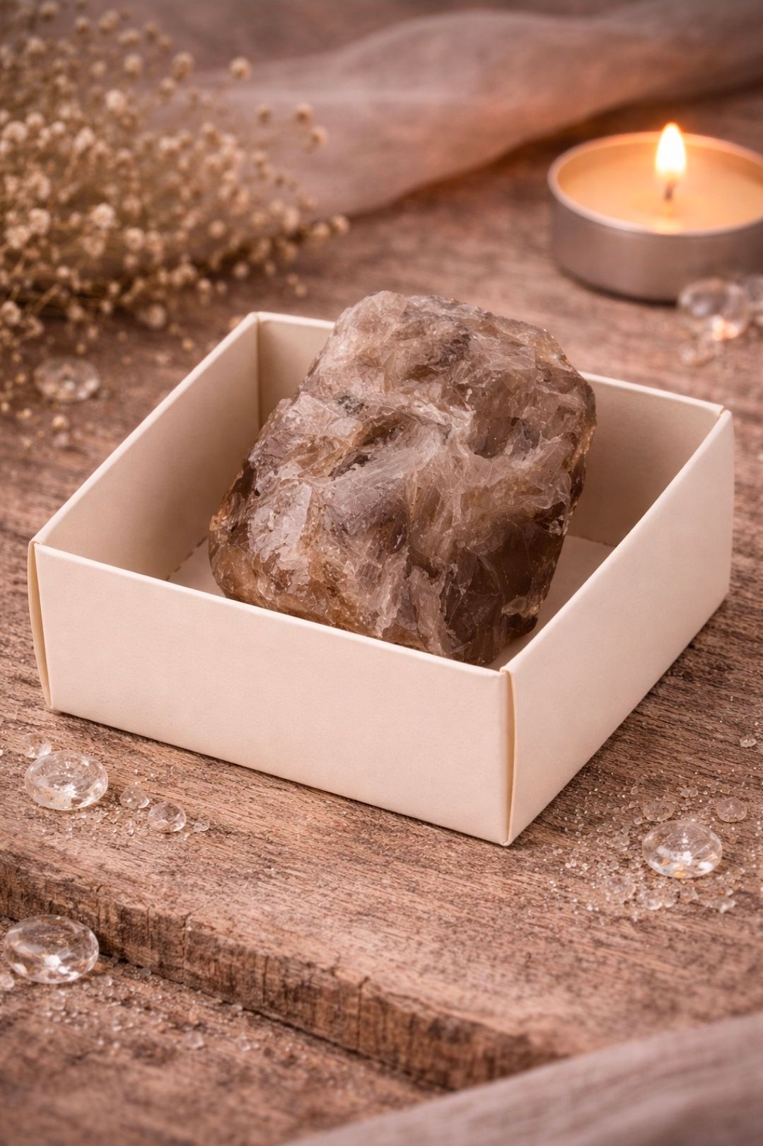 Maansteen Grijs in een doosje (geboortesteen juni)