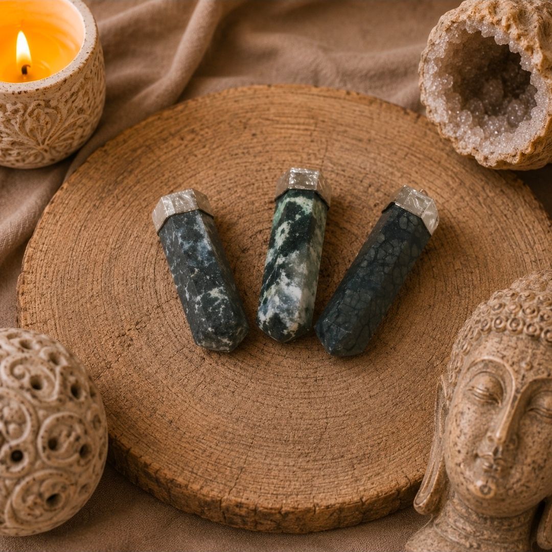 Drie donkere kristallen hangers op een rond houten dienblad, omringd door kaarsen, een geode en Boeddha-decoratie.