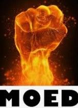 Vurige vuist, gebald en brandend, onder het woord “MOED”.