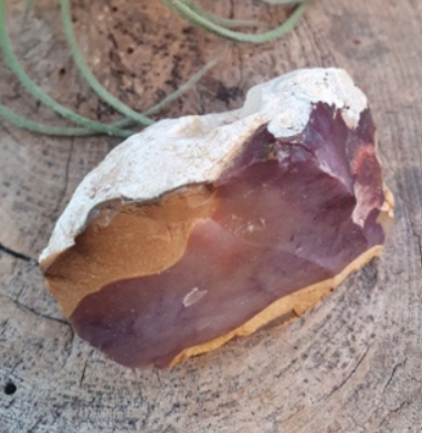 Een kleurrijk fragment van vuursteen, paars en bruin, in een klein wit doosje.