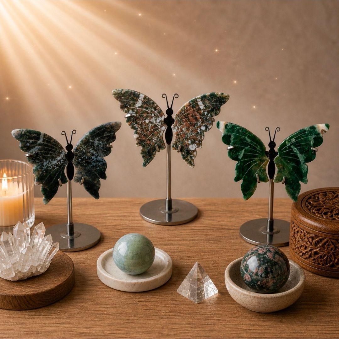 Moss Agate Butterfly on Stand - 12- 14 cm (MG)