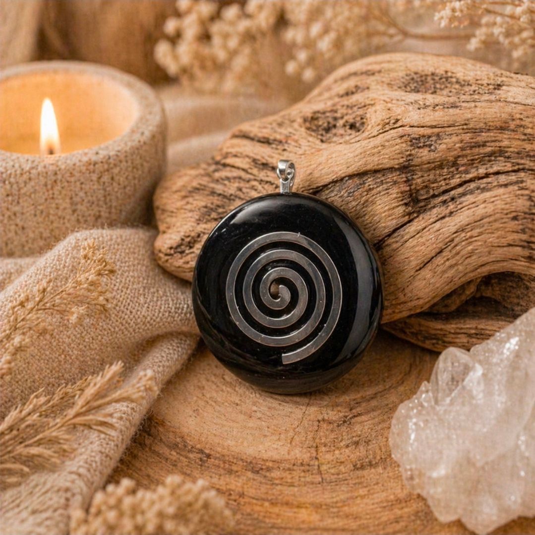Obsidian Donut pendant - Spiral / 4 cm