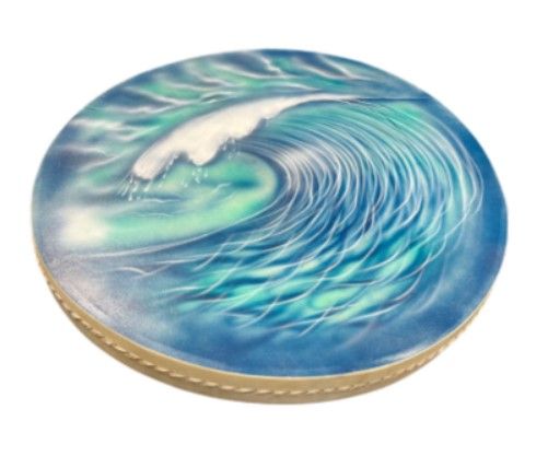 Rond schilderij van een beukende oceaan golf, tinten blauw en wit.