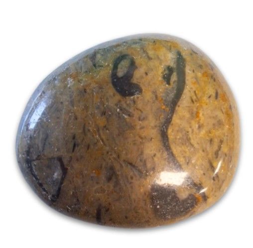 Getrommelde steen met bruine, zwarte en groene markeringen op een houten oppervlak, met bloemen op de achtergrond.