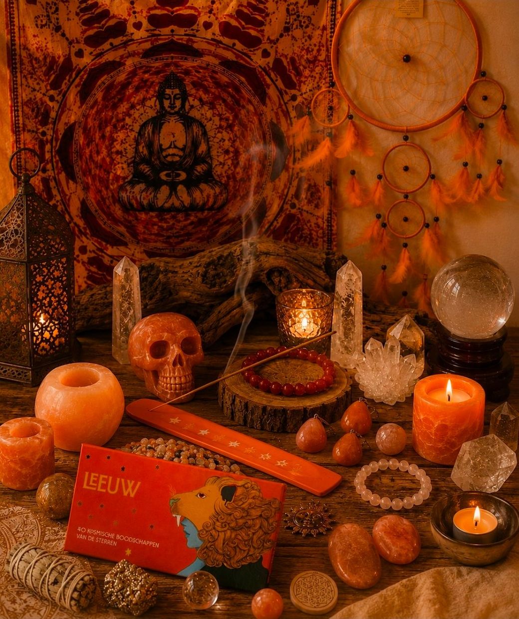 Oranje verlicht altaar met kaarsen, schedel, kristallen, dromenvanger en herfstdecoraties.
