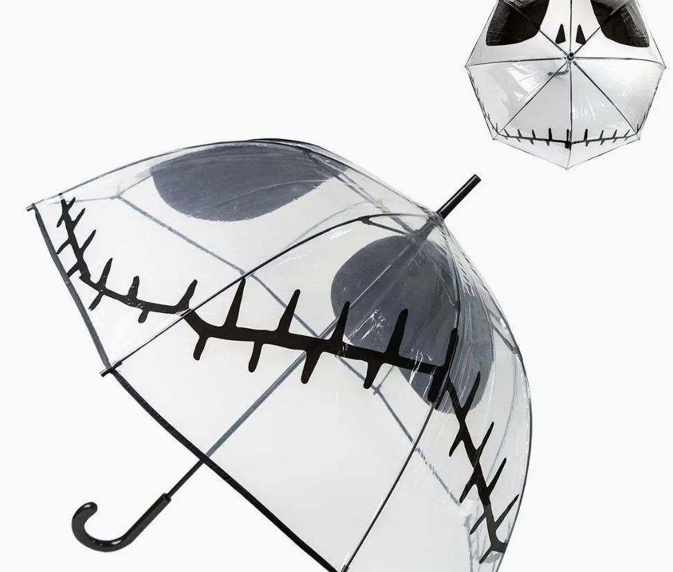 Een paraplu met het gezicht van Jack Skellington erop, met daarboven nog een paraplu in de vorm van een paraplu.