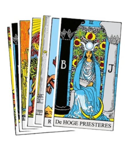 De tarotkaart De Magiër: Een figuur in een rood gewaad met opgeheven arm, die een toverstaf vasthoudt.