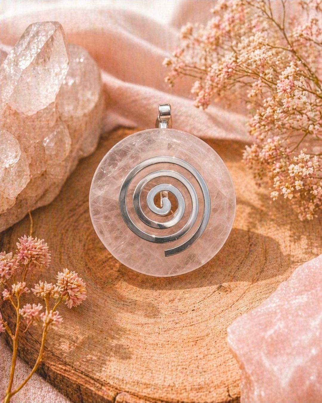 Rose Quartz Donut Pendant - Spiral / 4 cm
