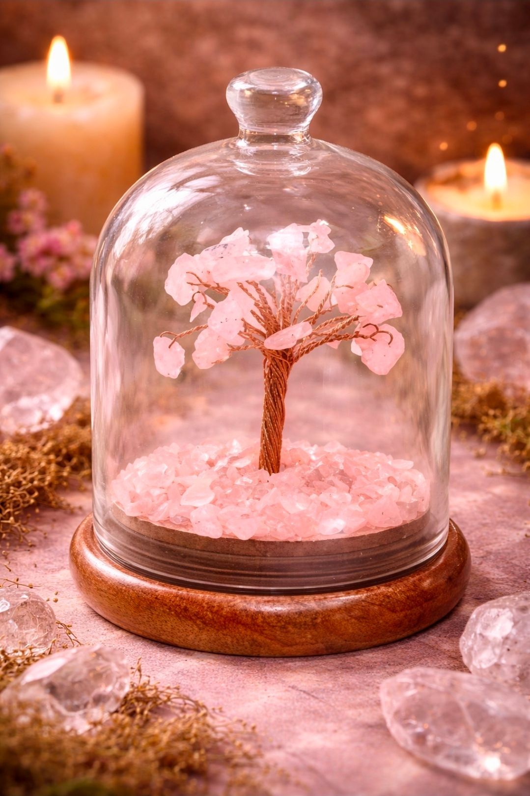 Rozenkwarts Edelsteen Boompje - Glazen Stolp