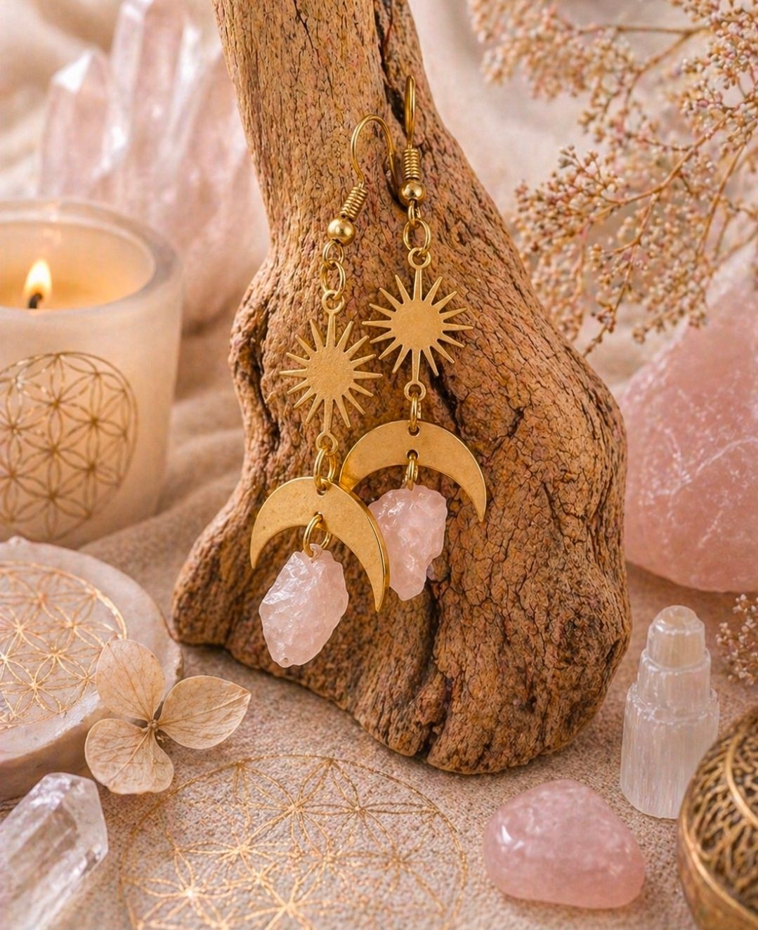 Rose Quartz Earrings - Sun & Moon / Raw