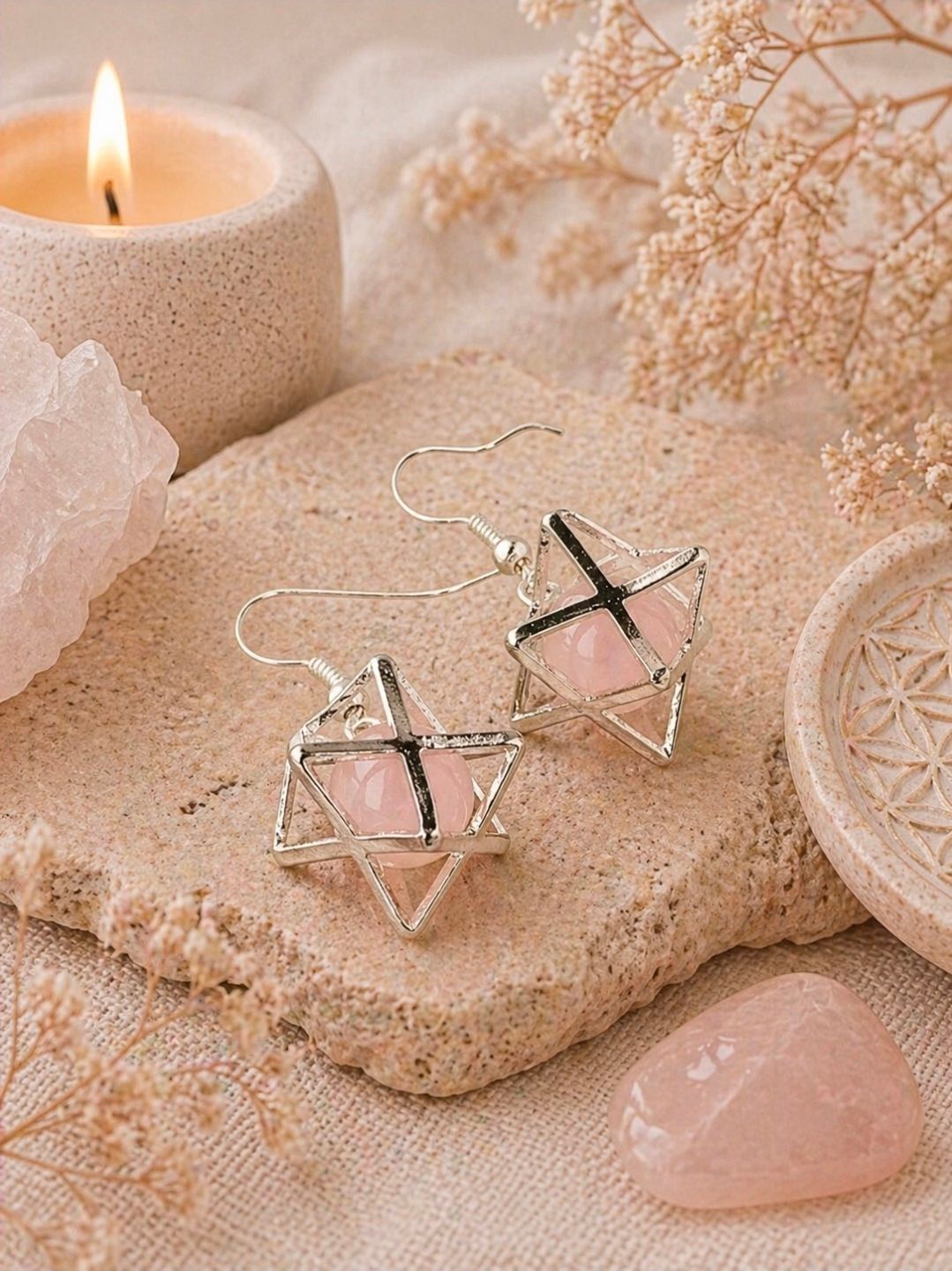 Rose quartz earrings merkabah