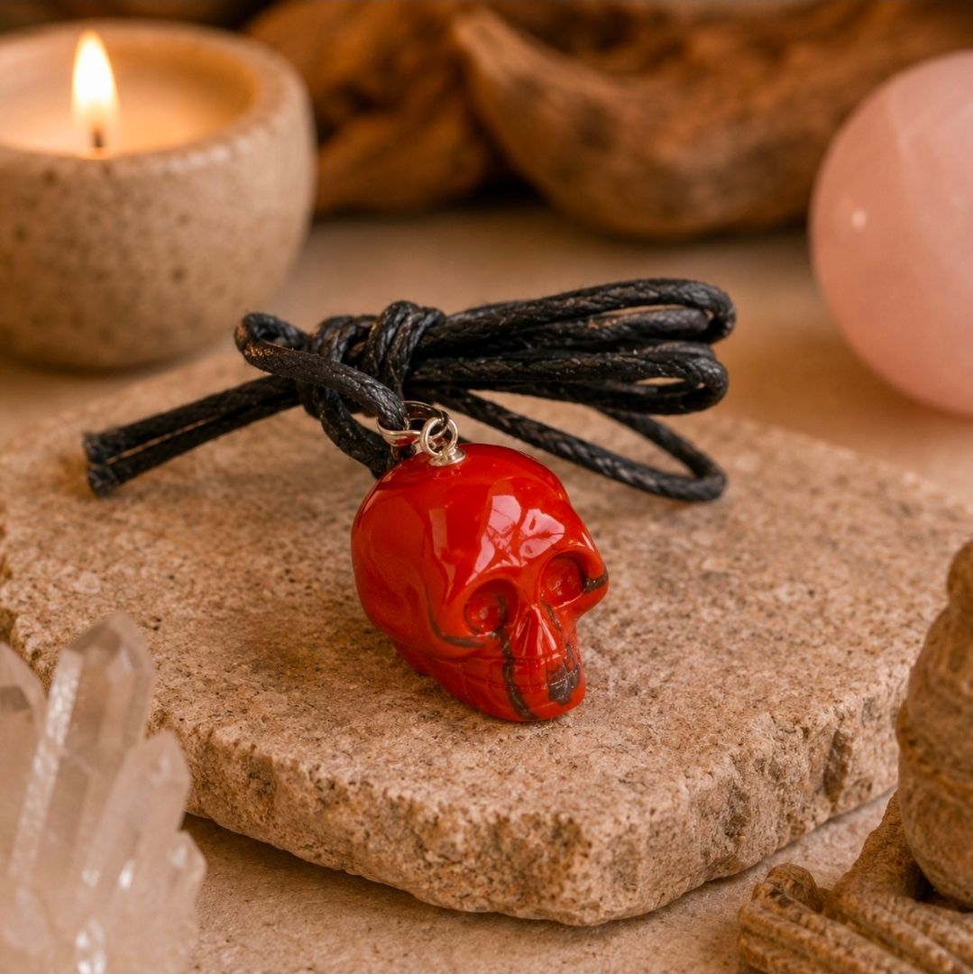 Schedel Hanger Jaspis Rood met waskoord