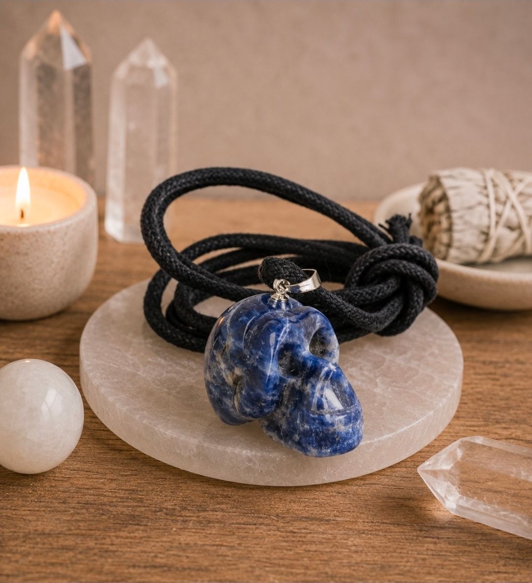 Skull Pendant Sodalite with wax cord