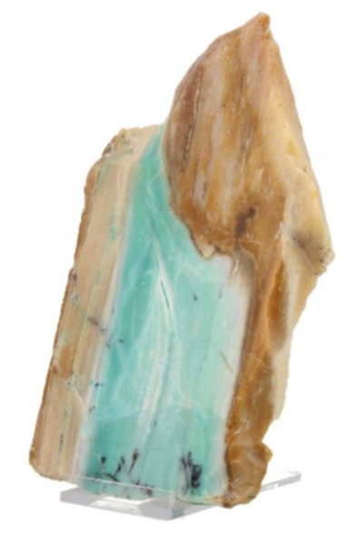 Bruin en blauwgroen chrysopraas-rotsmonster, met een doorzichtige standaard.