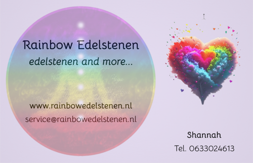 Visitekaartje: Rainbow Edelstenen, verkoper van edelstenen. Pastelkleuren, regenbooghart, contactgegevens.