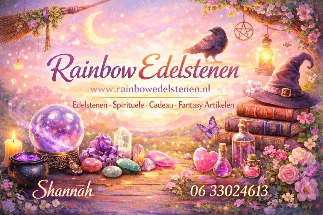 Visitekaartje: Rainbow Edelstenen, verkoper van edelstenen. Pastelkleuren, regenbooghart, contactgegevens.