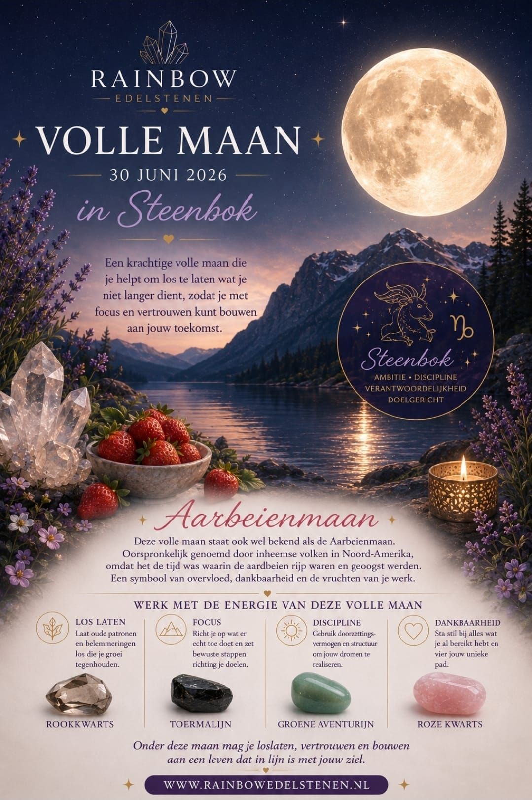 Spa-poster bij maanlicht met bergen, een meer, kristallen, aardbeien en massageolie in een paarsblauwe nachtscène.