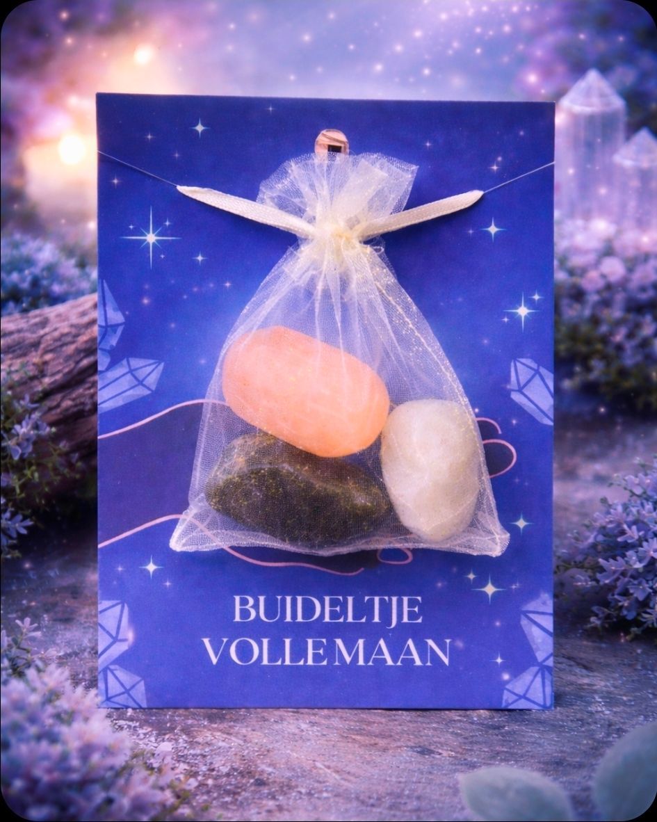 Volle Maan setje in Buidel / Maansteen, Seleniet & Labradoriet